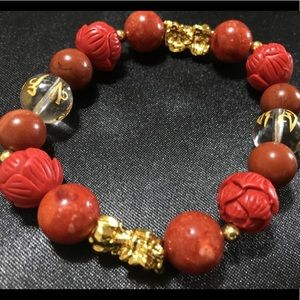 Coral lotus jasper PiXiu gemstone mantra bracelet